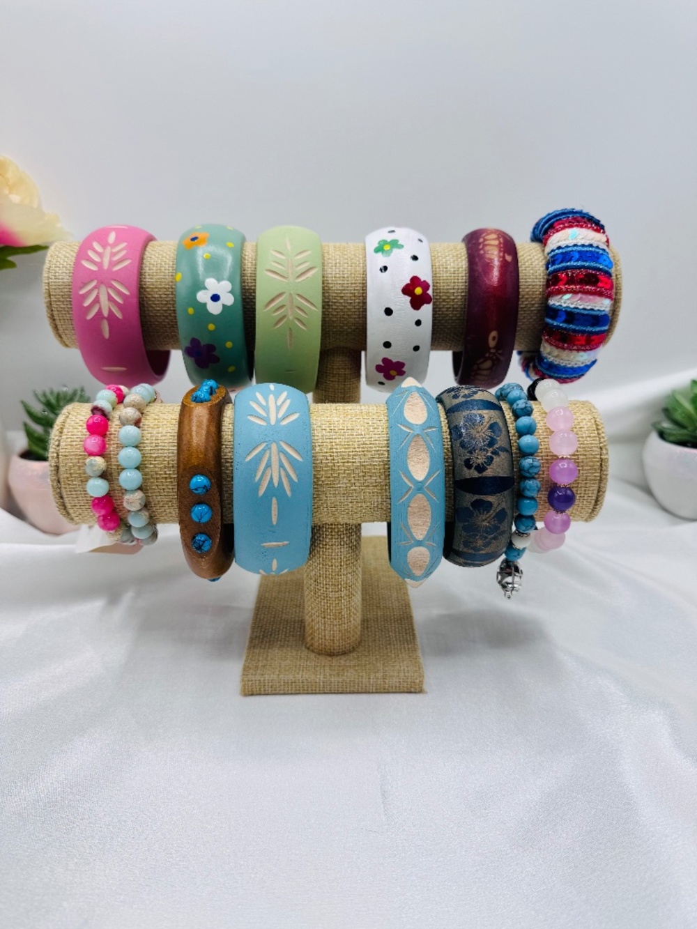 Boho Wooden Bangle Bracelet Lot Colorful Hand Painted Beaded Bracelets